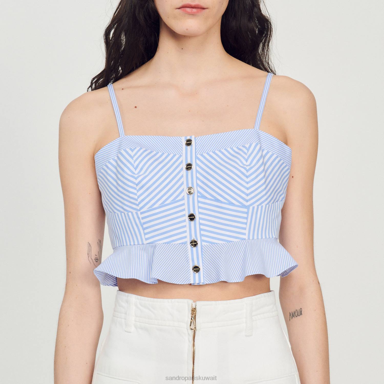 ثياب Sandro Paris أعلى بوستير مخطط السماء الزرقاء/الأبيض نحيف ZJ0088