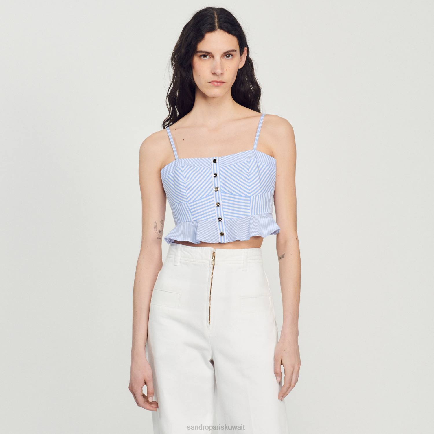 ثياب Sandro Paris أعلى بوستير مخطط السماء الزرقاء/الأبيض نحيف ZJ0088