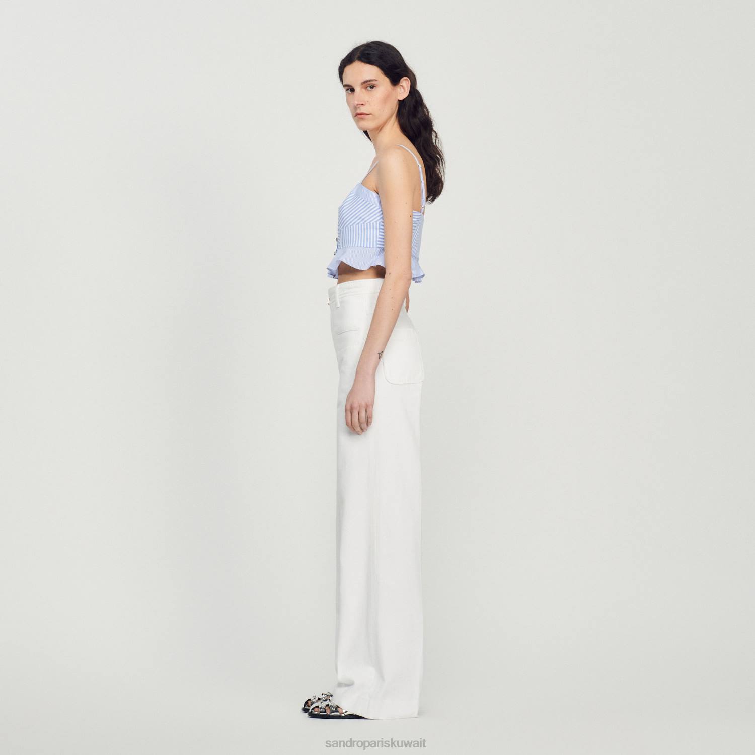 ثياب Sandro Paris أعلى بوستير مخطط السماء الزرقاء/الأبيض نحيف ZJ0088