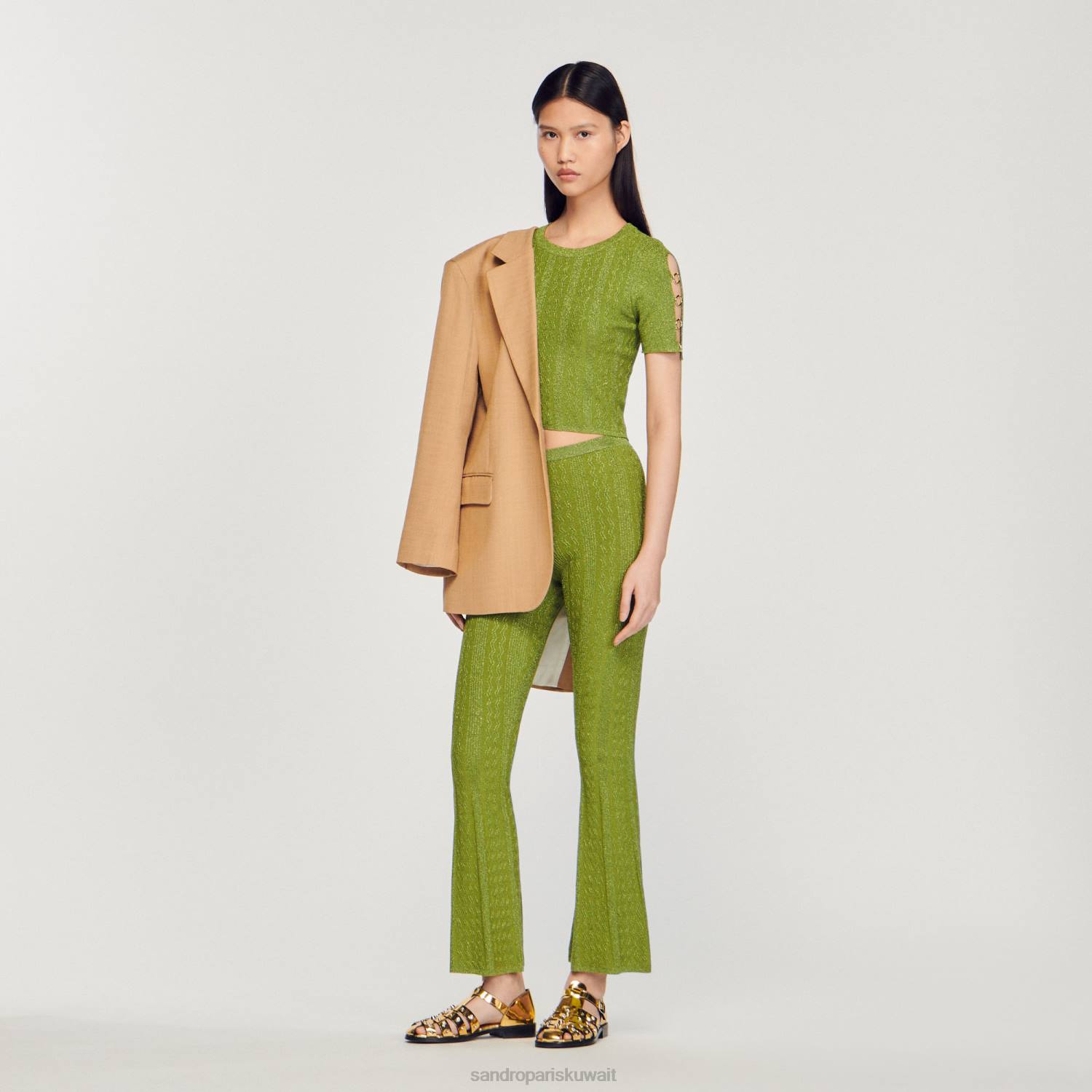 ثياب Sandro Paris سترة متماسكة معدنية قصيرة كاكي خفيف نحيف ZJ0092