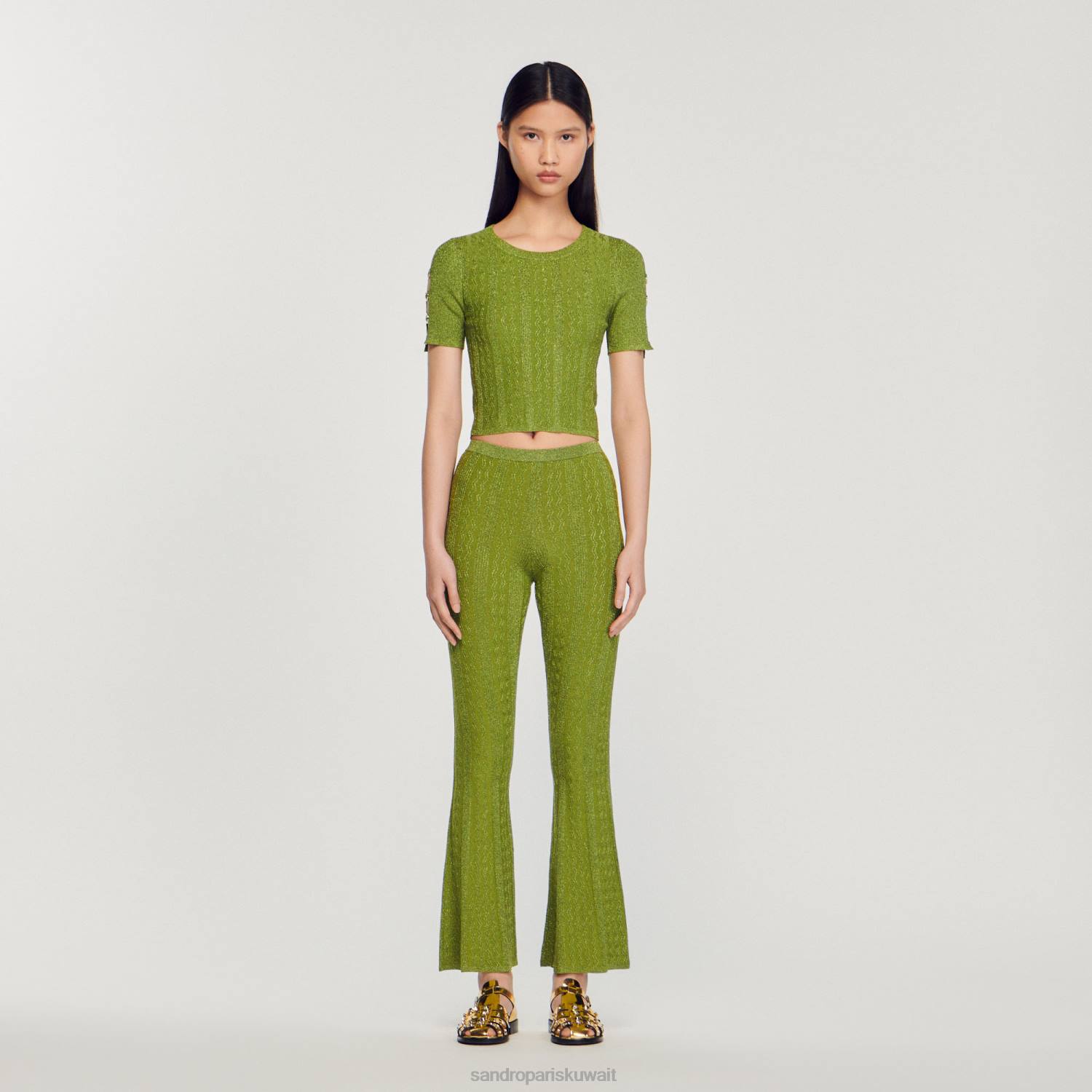 ثياب Sandro Paris سترة متماسكة معدنية قصيرة كاكي خفيف نحيف ZJ0092