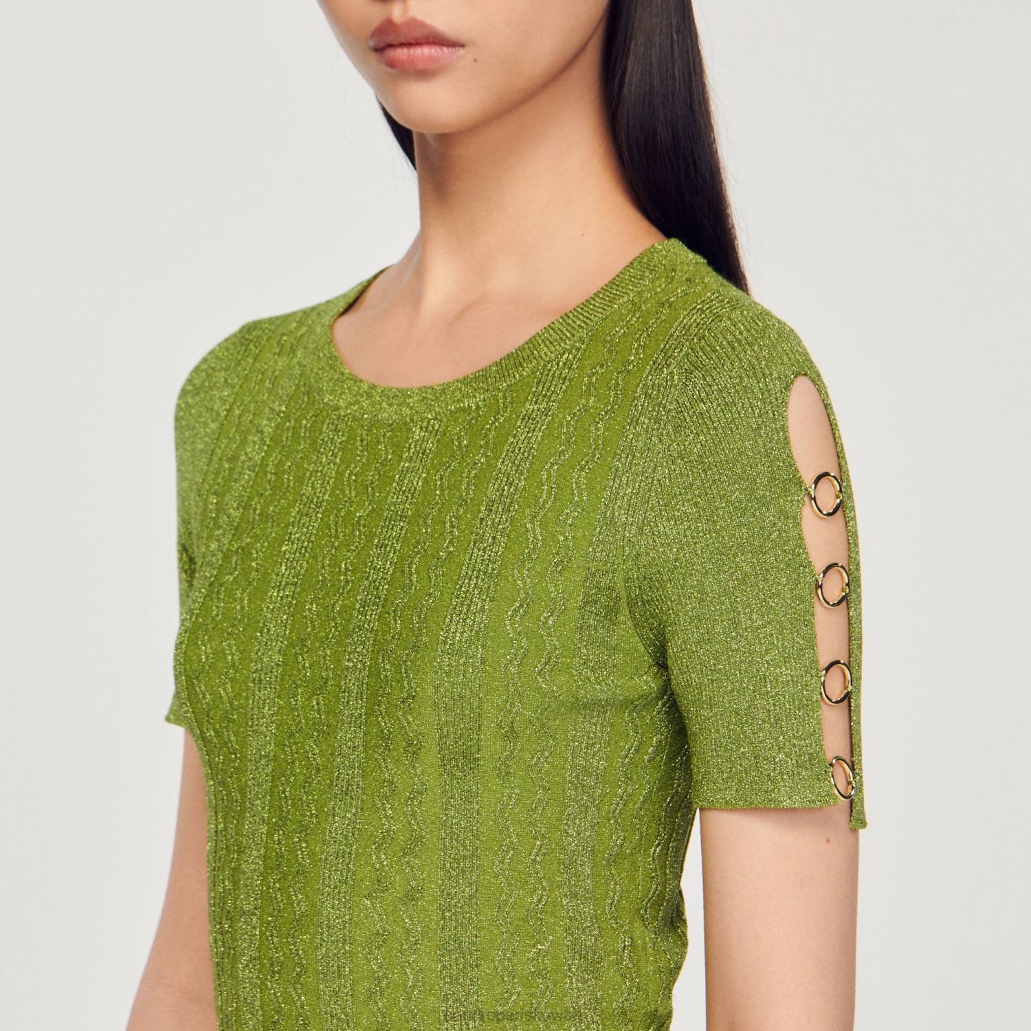 ثياب Sandro Paris سترة متماسكة معدنية قصيرة كاكي خفيف نحيف ZJ0092