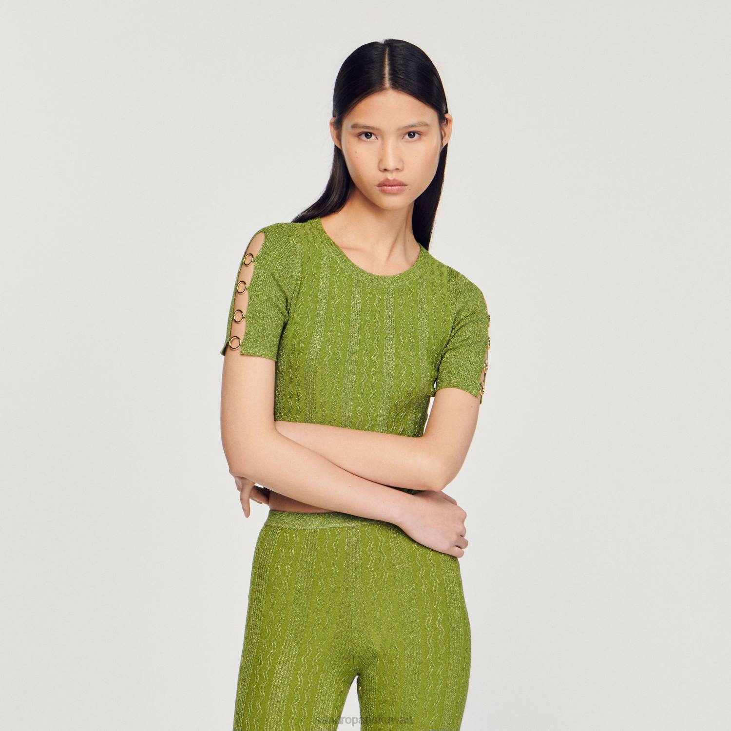 ثياب Sandro Paris سترة متماسكة معدنية قصيرة كاكي خفيف نحيف ZJ0092