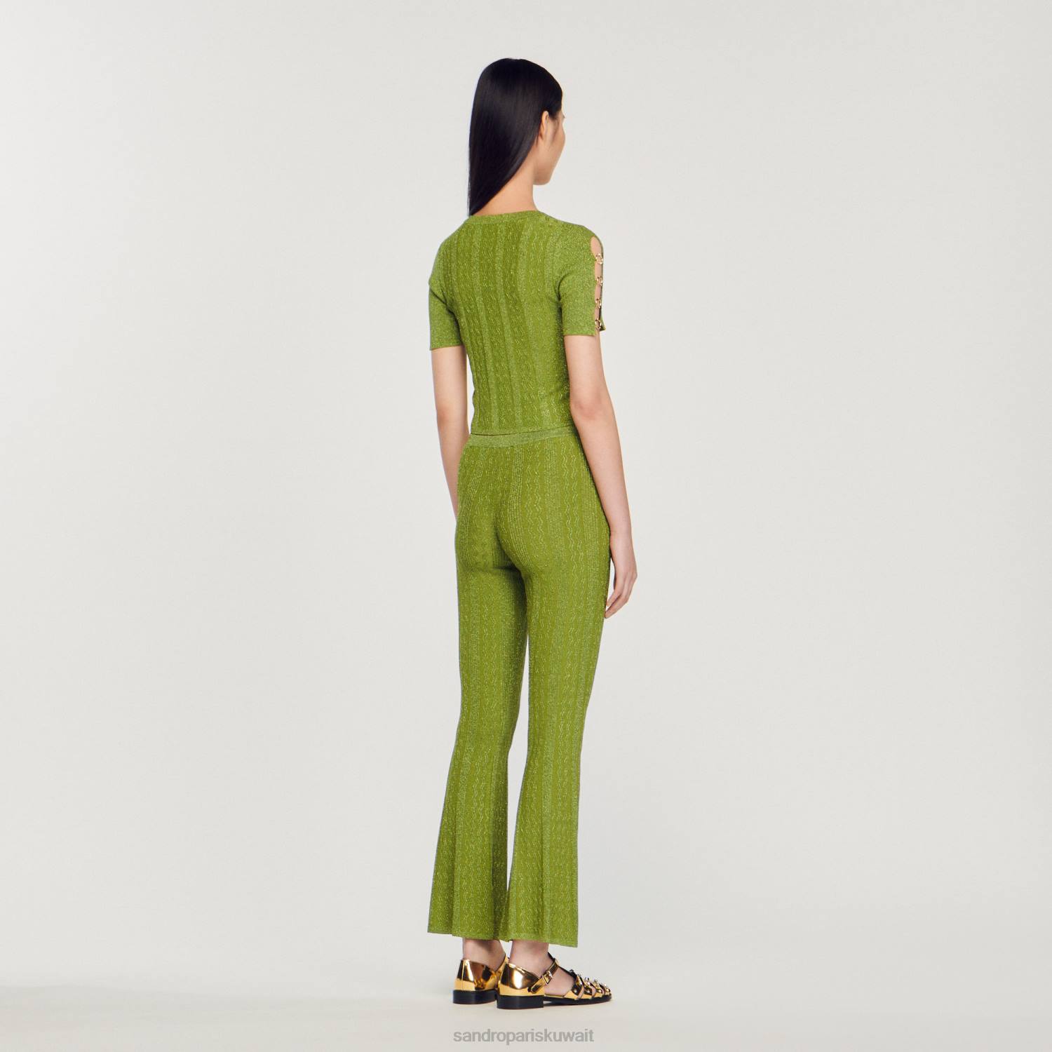 ثياب Sandro Paris سترة متماسكة معدنية قصيرة كاكي خفيف نحيف ZJ0092