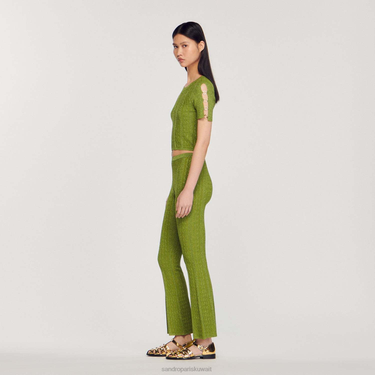 ثياب Sandro Paris سترة متماسكة معدنية قصيرة كاكي خفيف نحيف ZJ0092