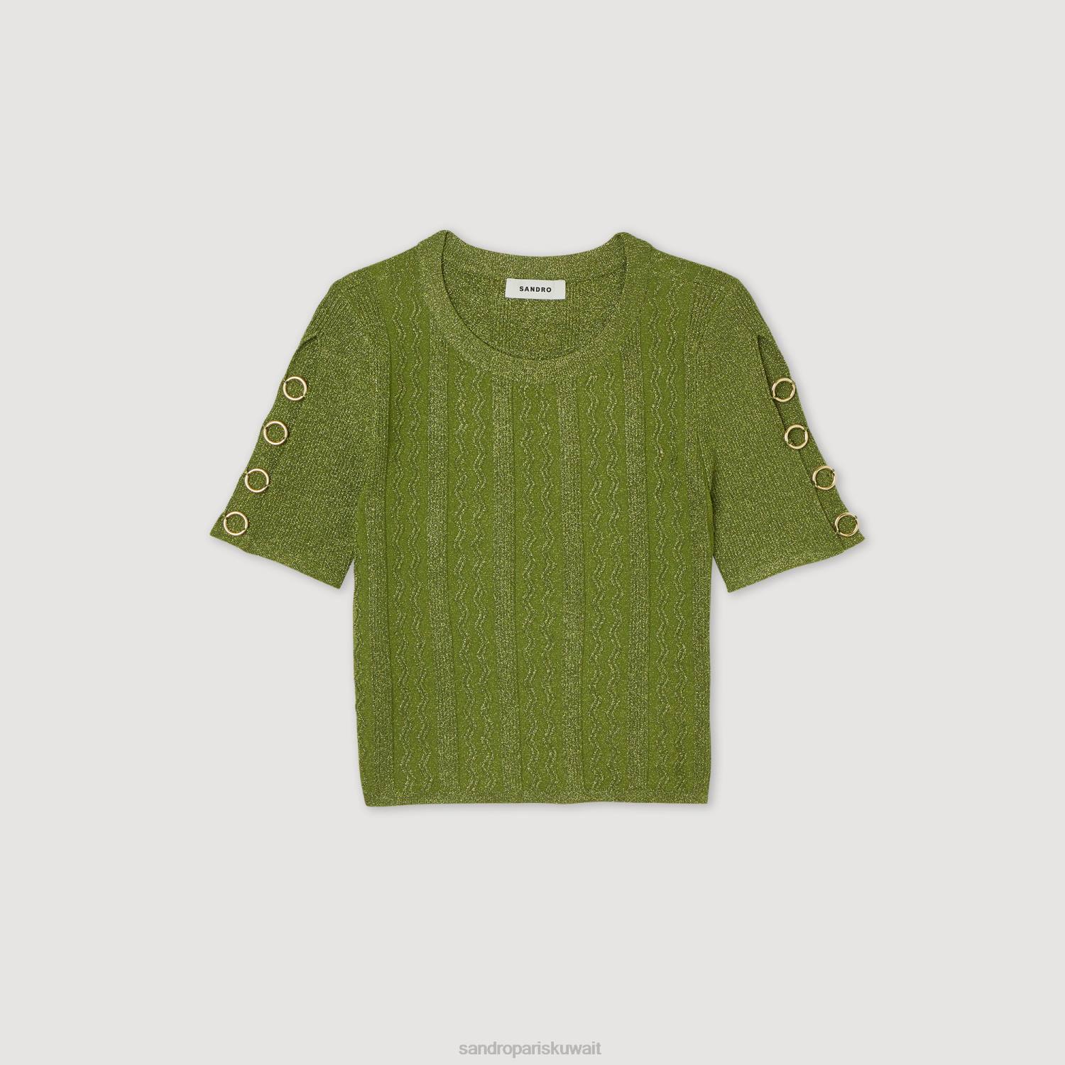 ثياب Sandro Paris سترة متماسكة معدنية قصيرة كاكي خفيف نحيف ZJ0092