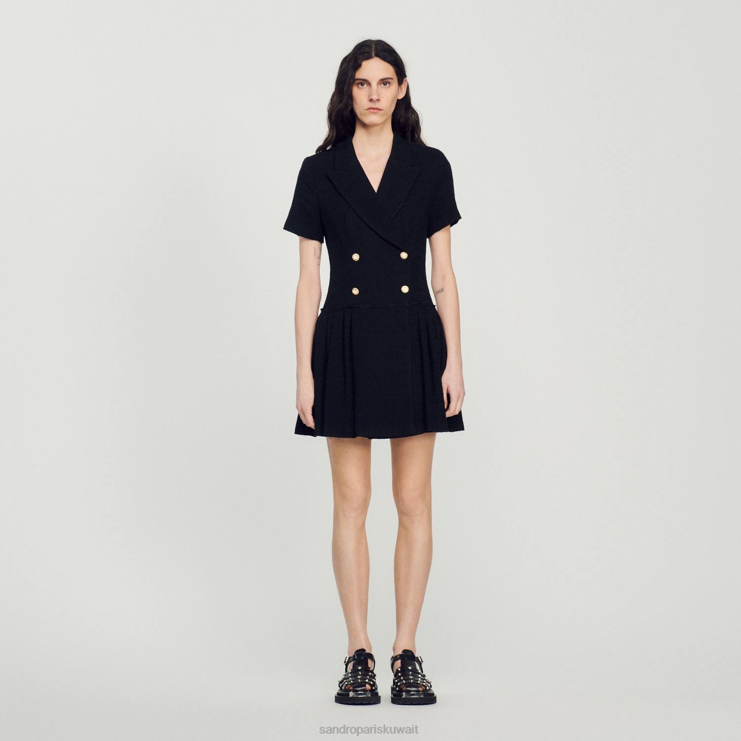 ثياب Sandro Paris فستان قصير من التويد أسود نحيف ZJ0095