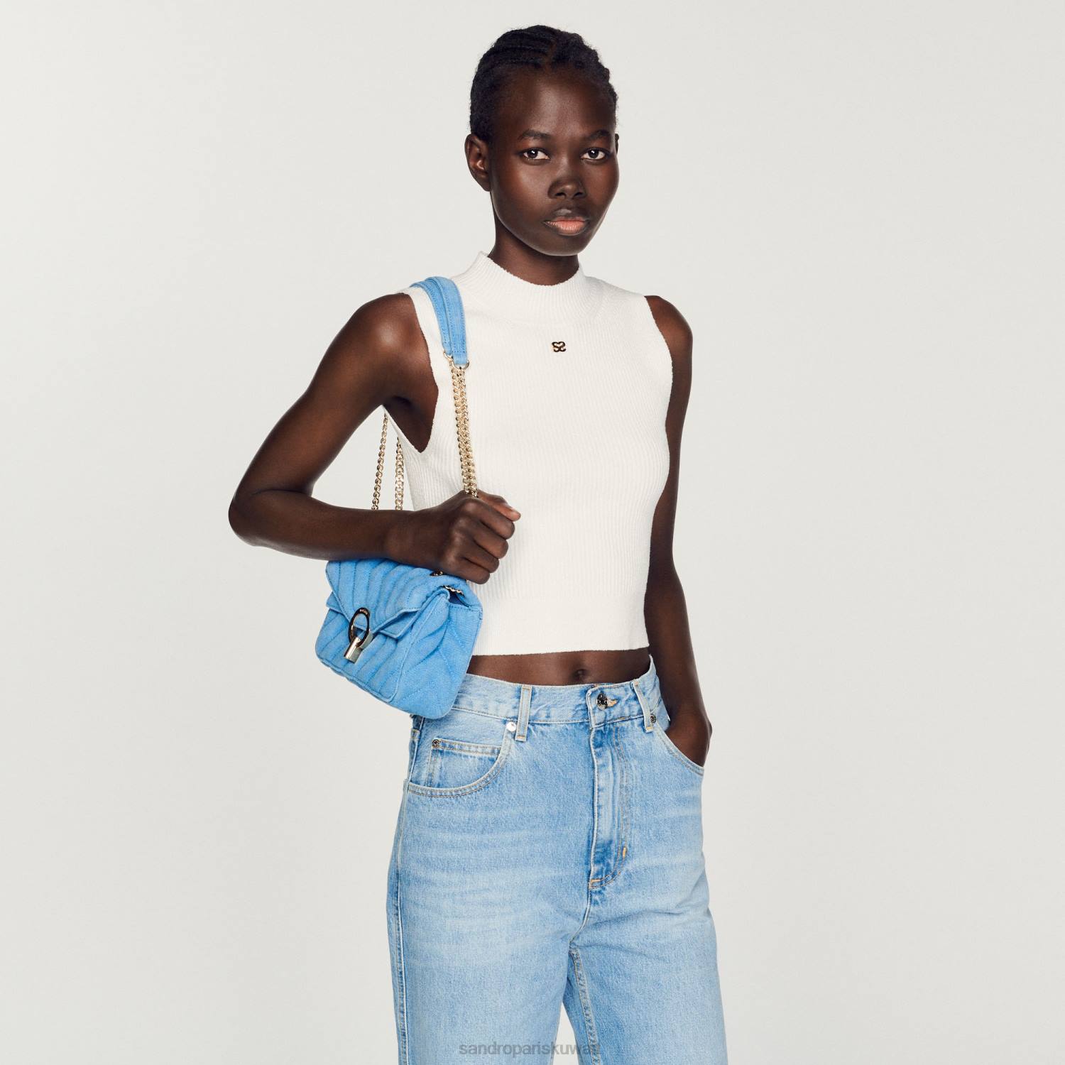 ثياب Sandro Paris سترة قصيرة مضلعة أبيض نحيف ZJ0096