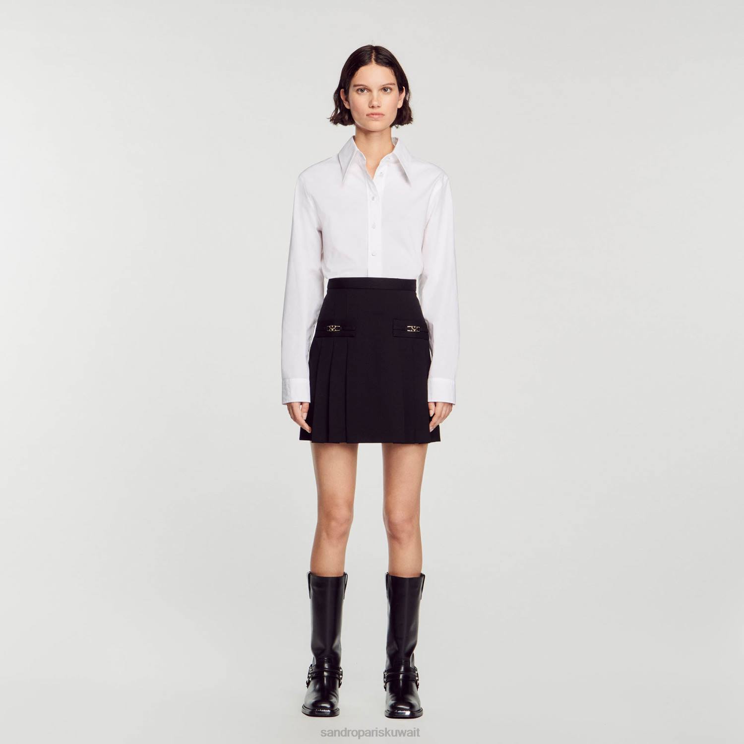 ثياب Sandro Paris تنورة قصيرة مع طيات مخيط أسود نحيف ZJ0099