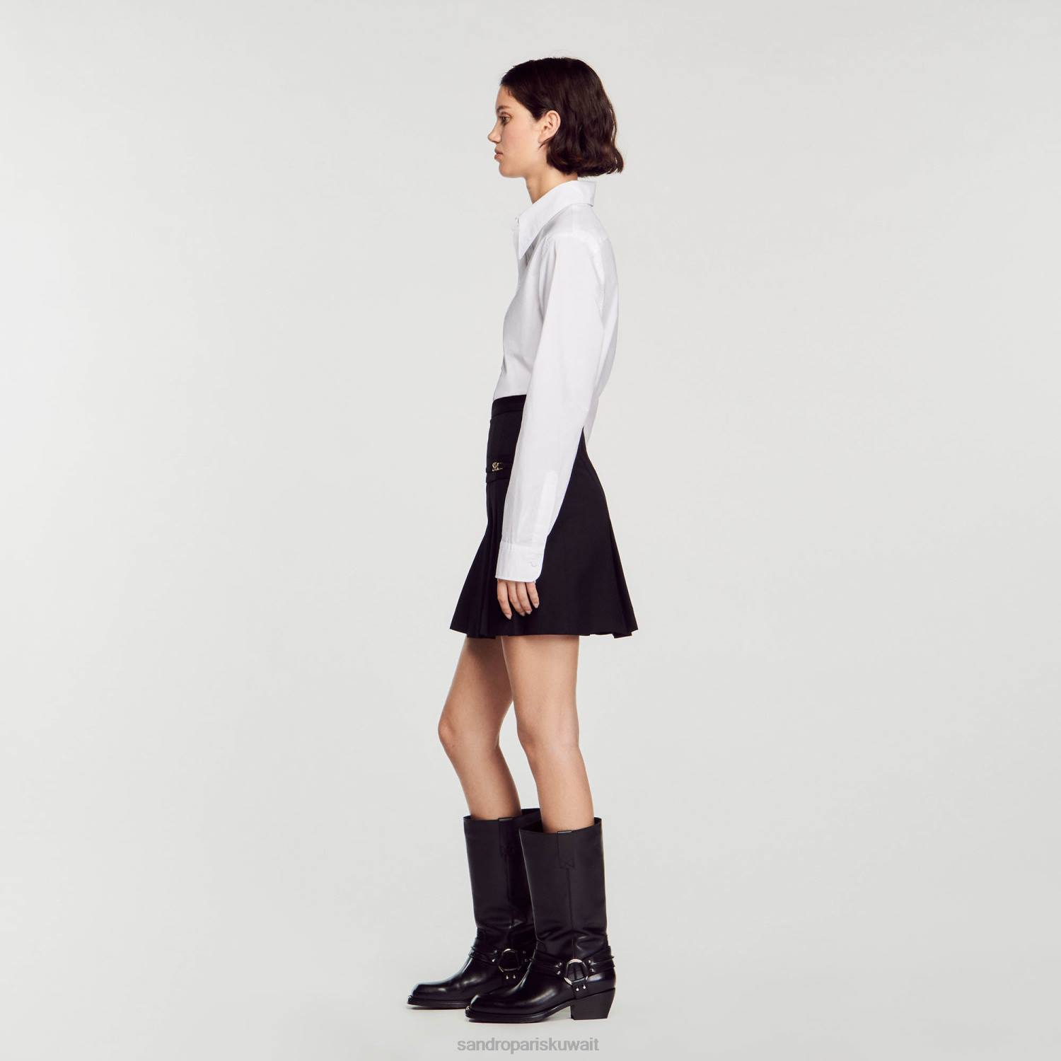 ثياب Sandro Paris تنورة قصيرة مع طيات مخيط أسود نحيف ZJ0099