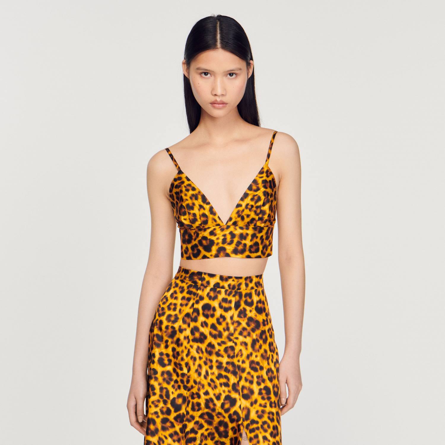 ثياب Sandro Paris أعلى bralette ليوبارد برتقالي/أسود نحيف ZJ00286
