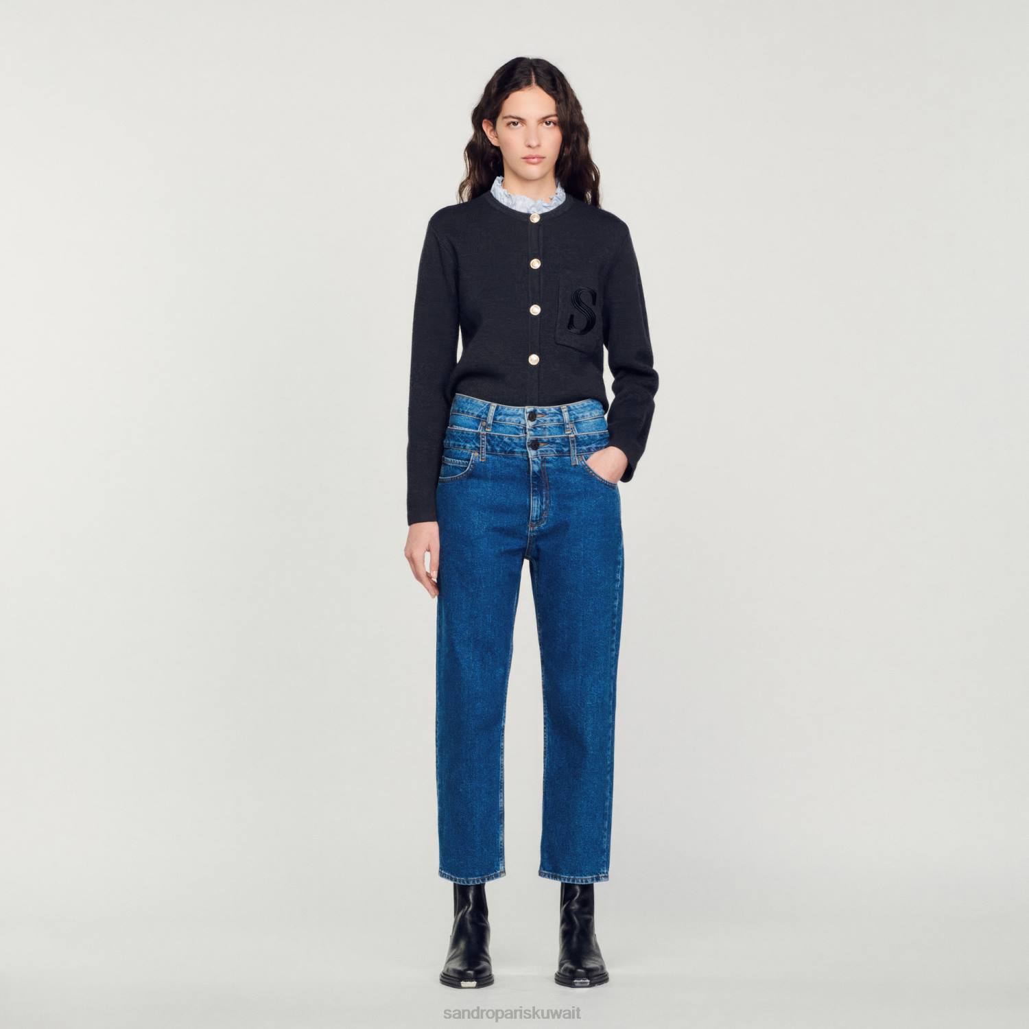 ثياب Sandro Paris trompe l'aeil جينز أمي أزرق نحيف ZJ00167