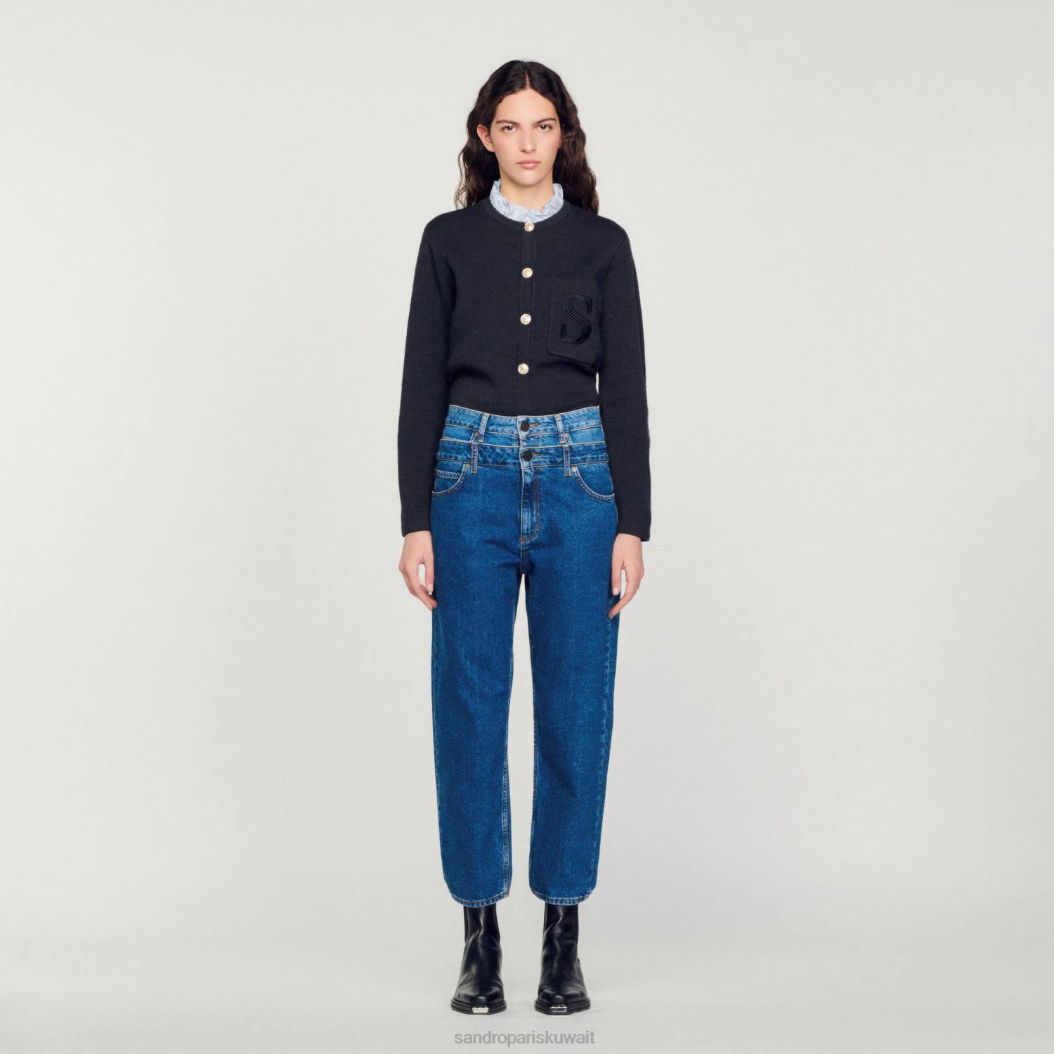 ثياب Sandro Paris trompe l'aeil جينز أمي أزرق نحيف ZJ00167