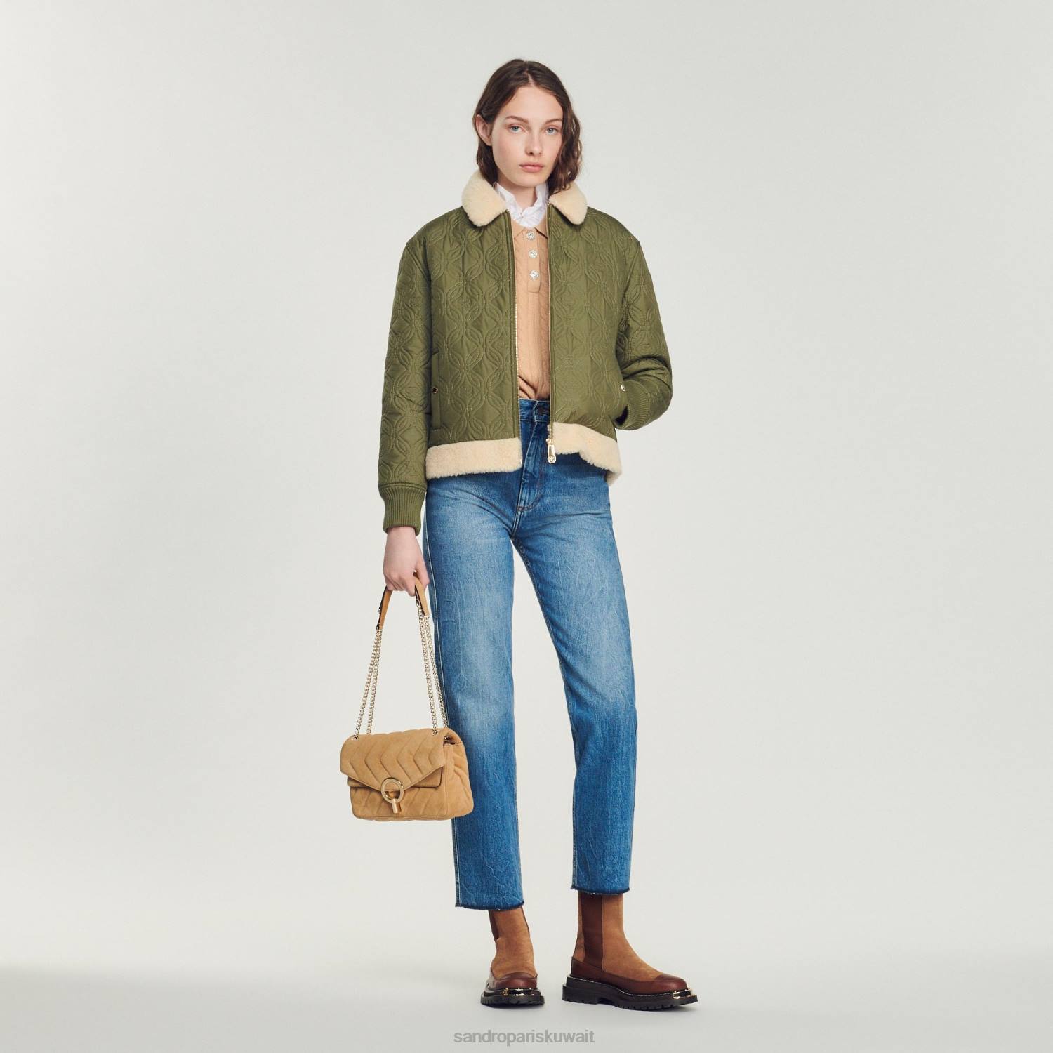 مُكَمِّلات Sandro Paris حقيبة من جلد الغزال yza اللون البيج نحيف ZJ00528